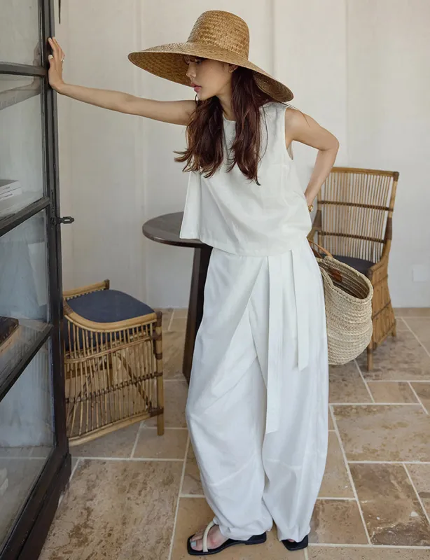 Wrap-Front Wide-Leg Trouser in White made by Pixie Market