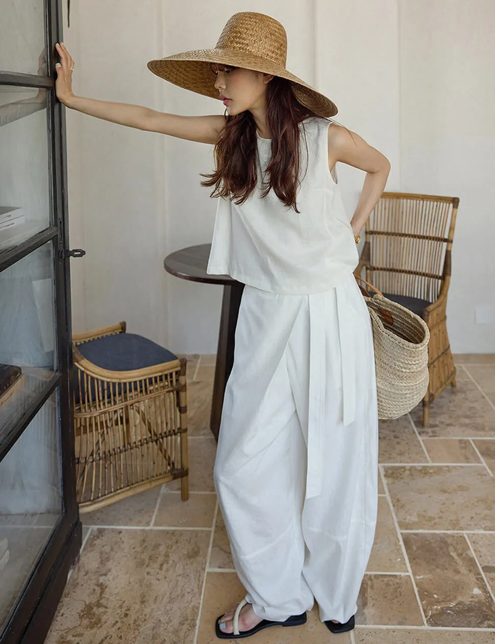 Wrap-Front Wide-Leg Trouser in White sold by Pixie Market