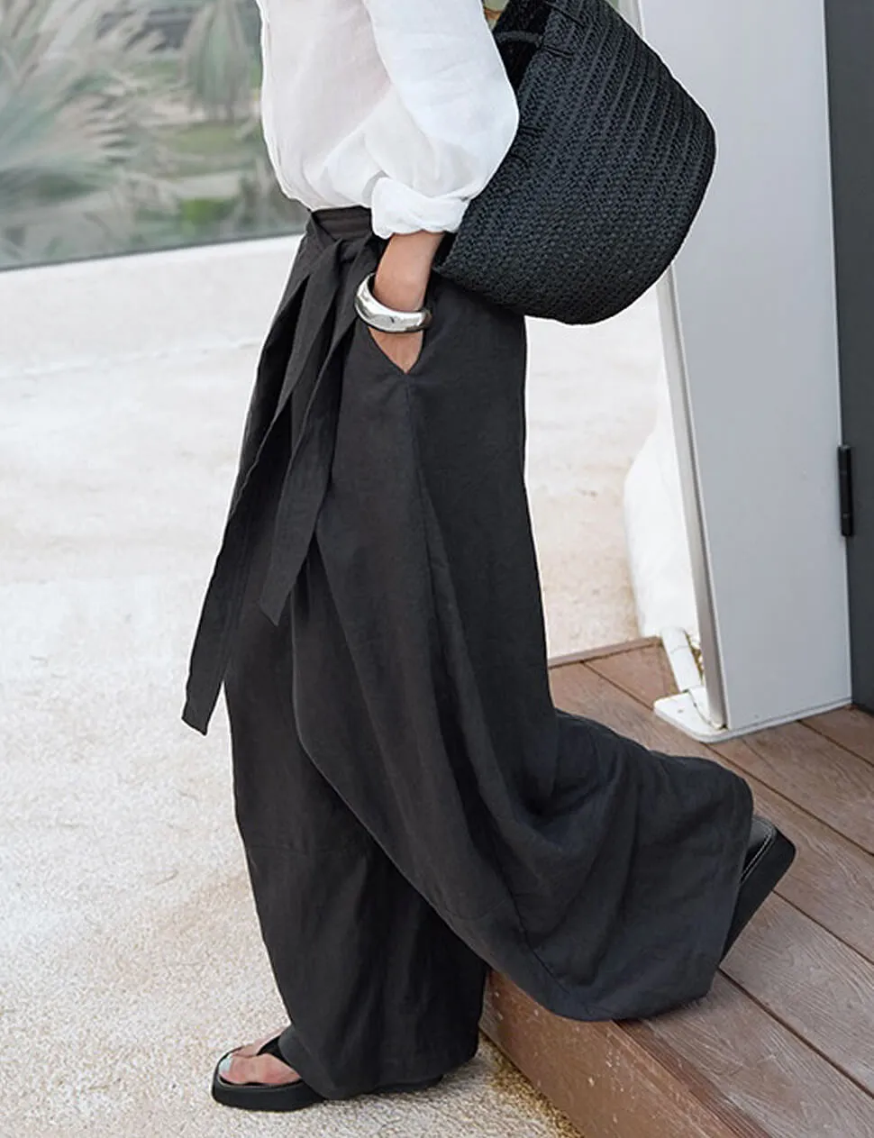 Wrap-Front Wide-Leg Trouser in Grey sold by Pixie Market product image thumbnail 3