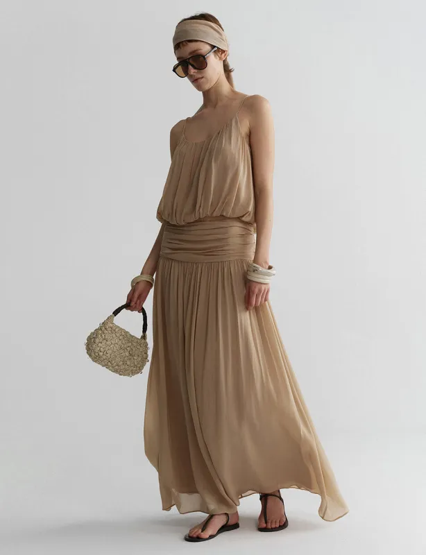 Ruched Waist Chiffon Maxi Skirt in Champagne-PREORDER made by Pixie Market