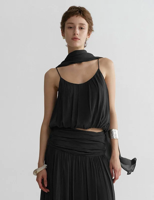 Black Chiffon Bubble Cami Top with Scarf-PREORDER made by Pixie Market