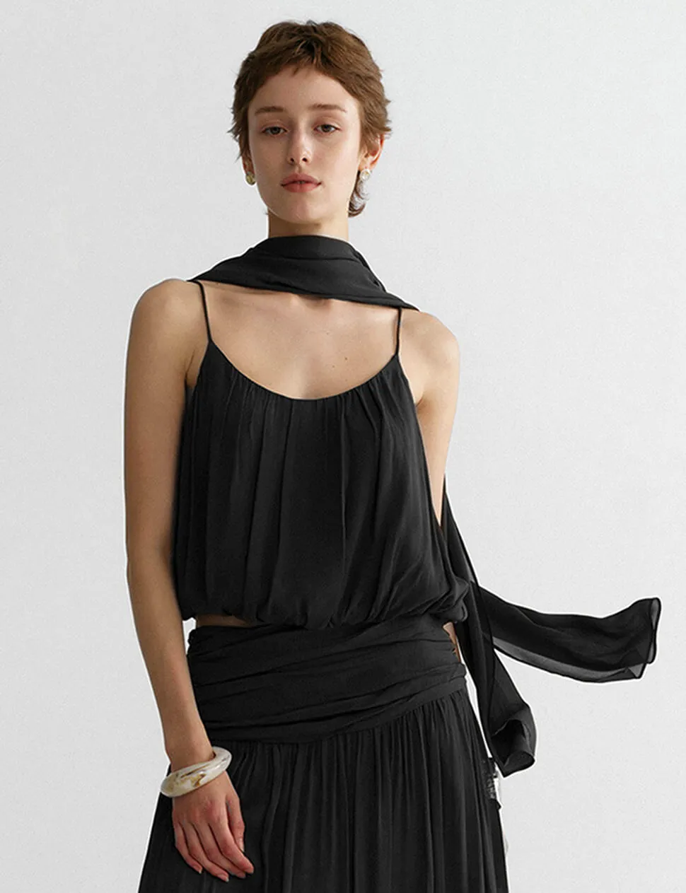 Black Chiffon Bubble Cami Top with Scarf-PREORDER sold by Pixie Market product image thumbnail 2