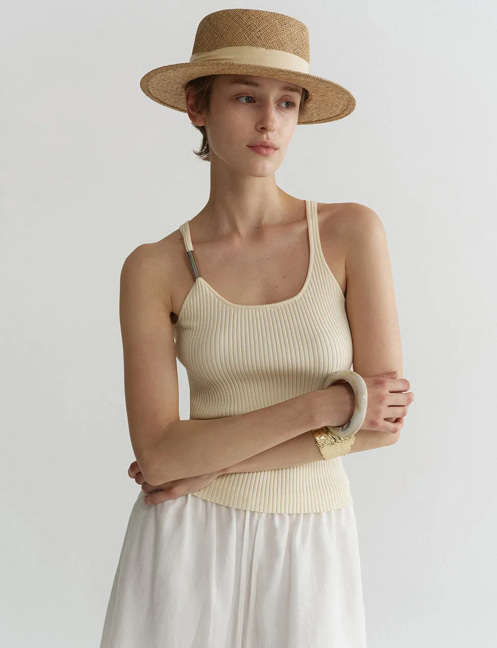 Metal Bar Ribbed Tank in Vanilla sold by Pixie Market