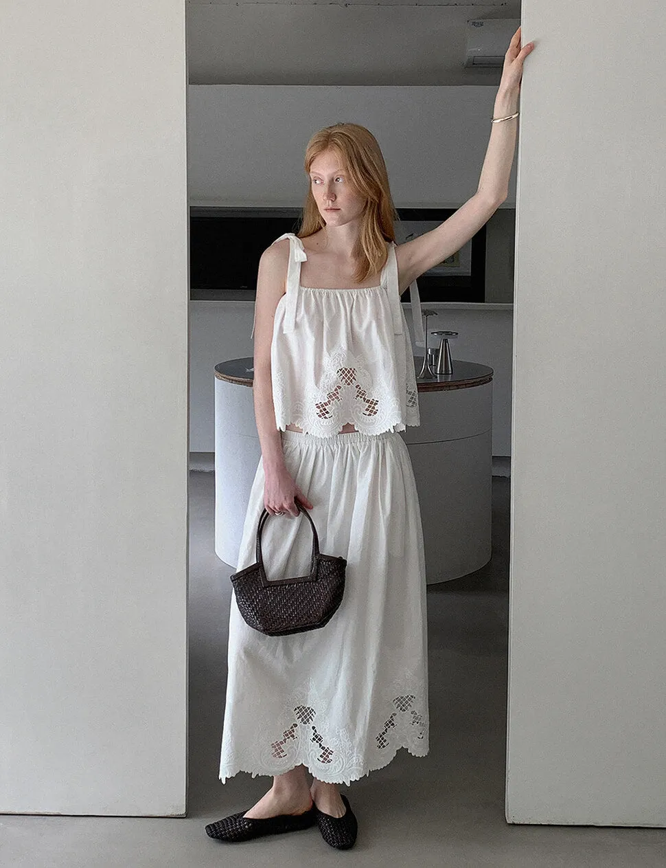 Embroidered Midi Skirt with Scalloped Hem sold by Pixie Market