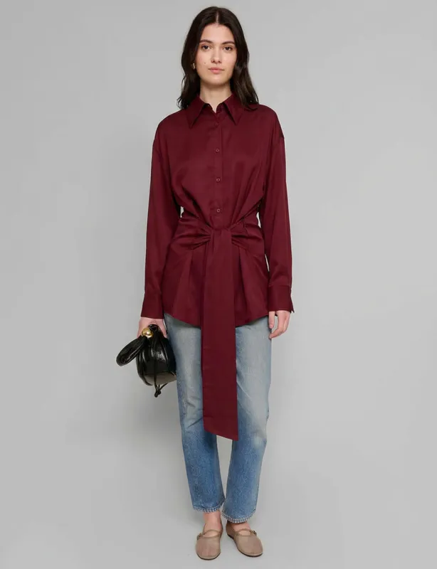 Burgundy Waist-Tie Tencel Shirt made by Pixie Market