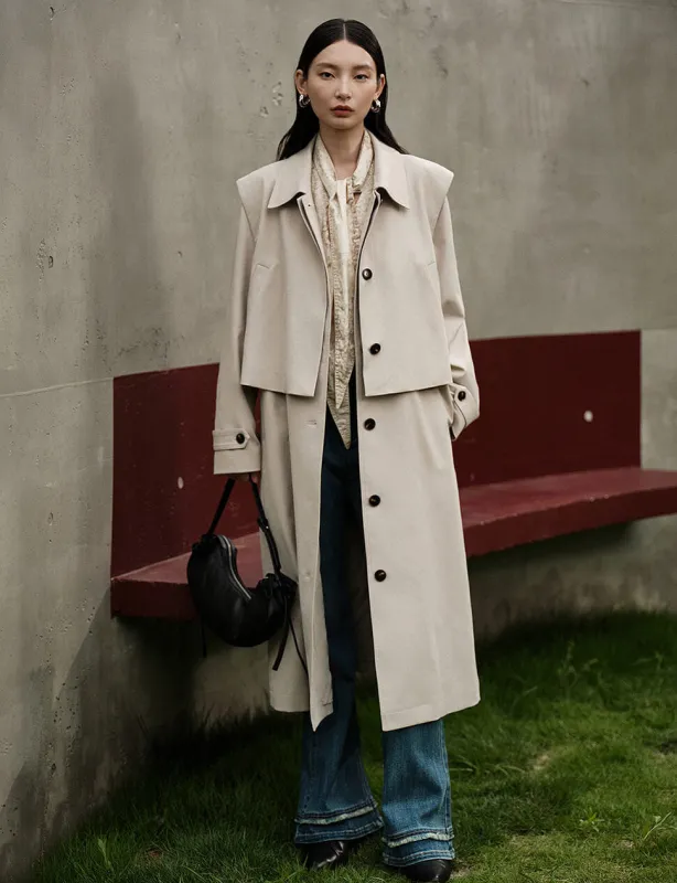 Beige Layered Longline Trench Coat-PREORDER made by Pixie Market