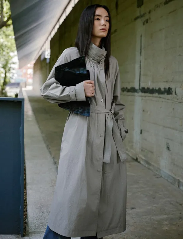 Grey Belted Funnel Neck Longline Trench Coat-PREORDER made by Pixie Market