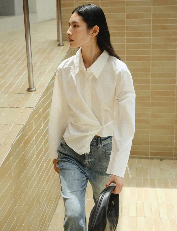 White Asymmetric Twisted Front Cropped Shirt-PREORDER made by Pixie Market