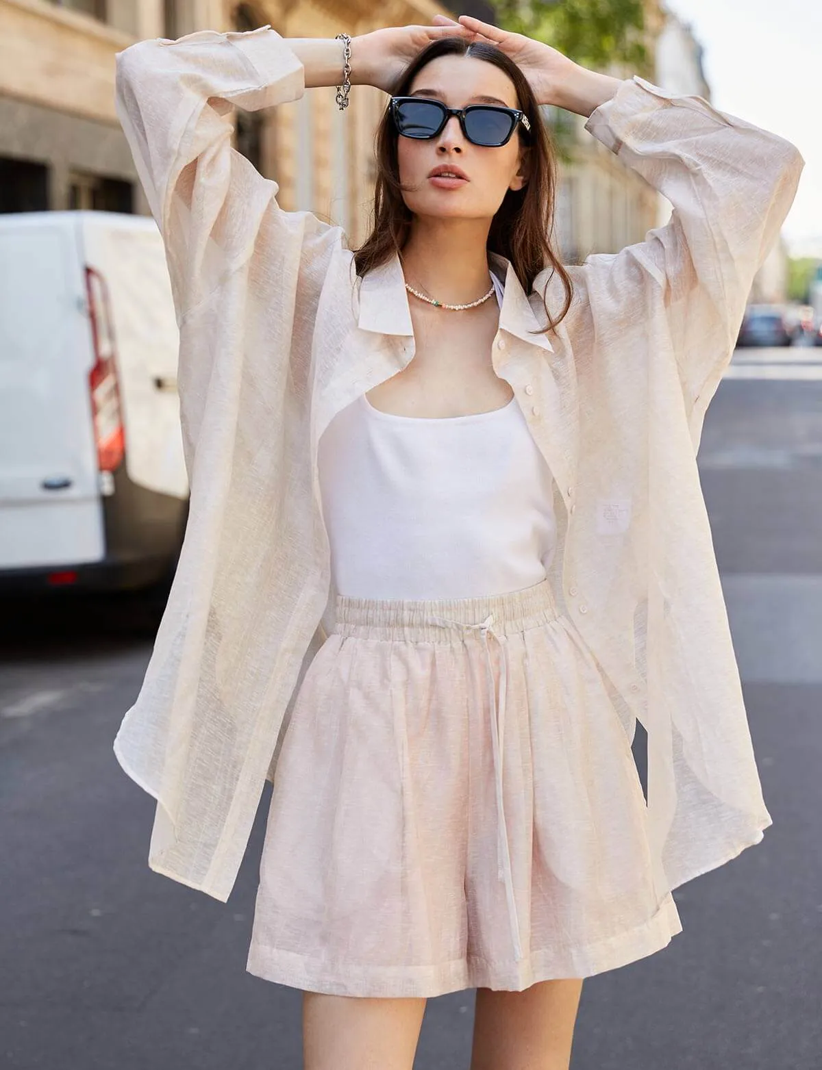Oversized Sheer Linen-Blend Shirt in Cream sold by Pixie Market product image thumbnail 4