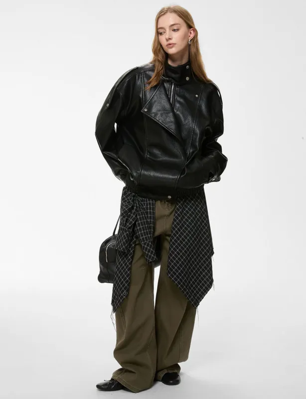 Black Oversized Snap-Collar Leather Moto Jacket-PREORDER made by Pixie Market