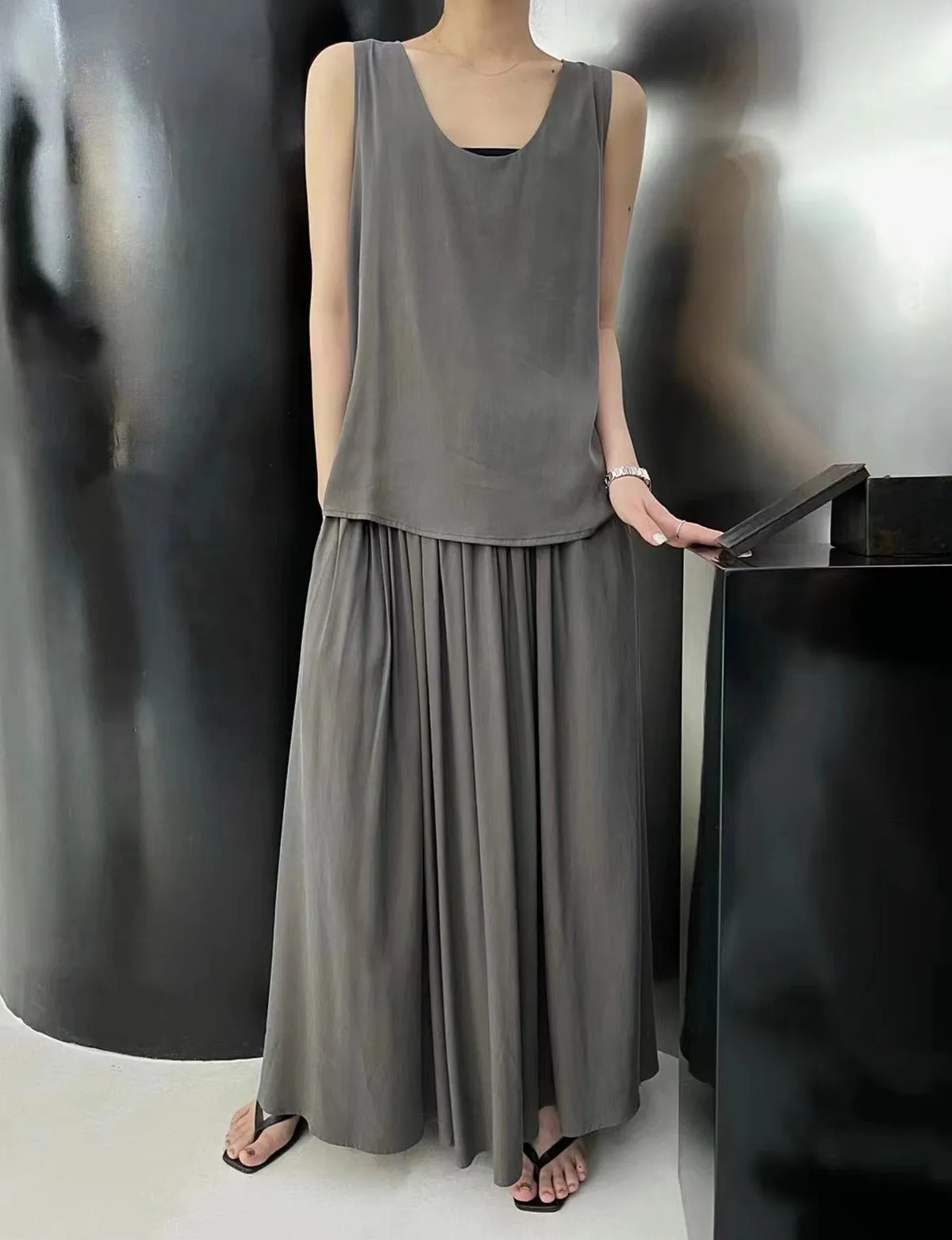 Grey Silky Full Maxi Skirt sold by Pixie Market