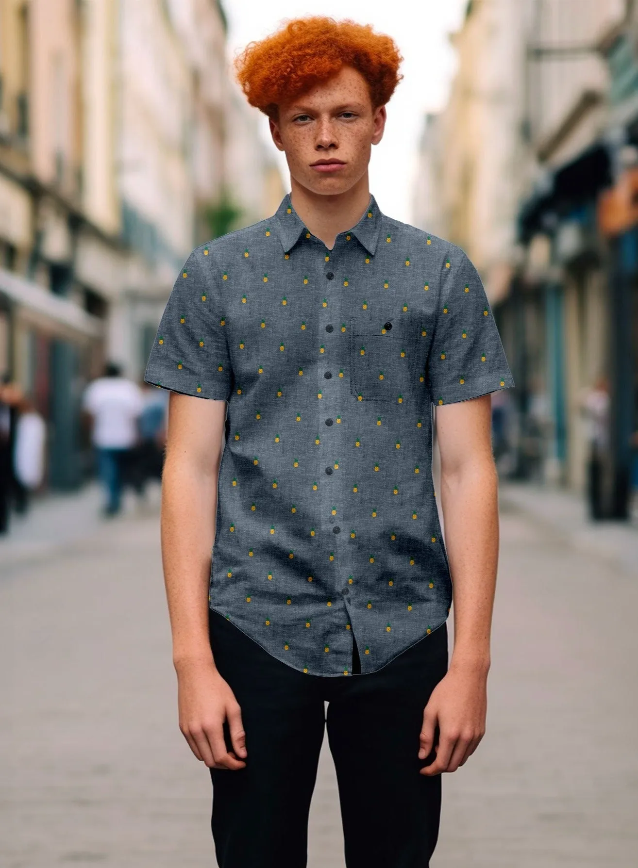 PAT | Linen Cotton Pineapple Short-Sleeve Shirt|| PAT | Chemise En Lin Et Coton Avec Motif D'ananas sold by Point Zero