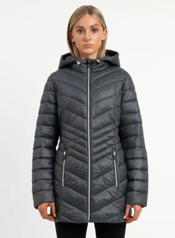 MARTEL | LONG PACKABLE ULTRALIGHT JACKET-FOG||MARTEL | MANTEAU LONG COMPRESSIBLE ULTRALÉGER-VOLONTÉ sold by Point Zero