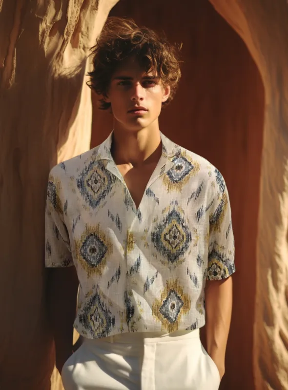 TRISTAN|Slub linen print cabana  shirt||TRISTAN| Chemise cabana en lin chiné imprimé sold by Point Zero