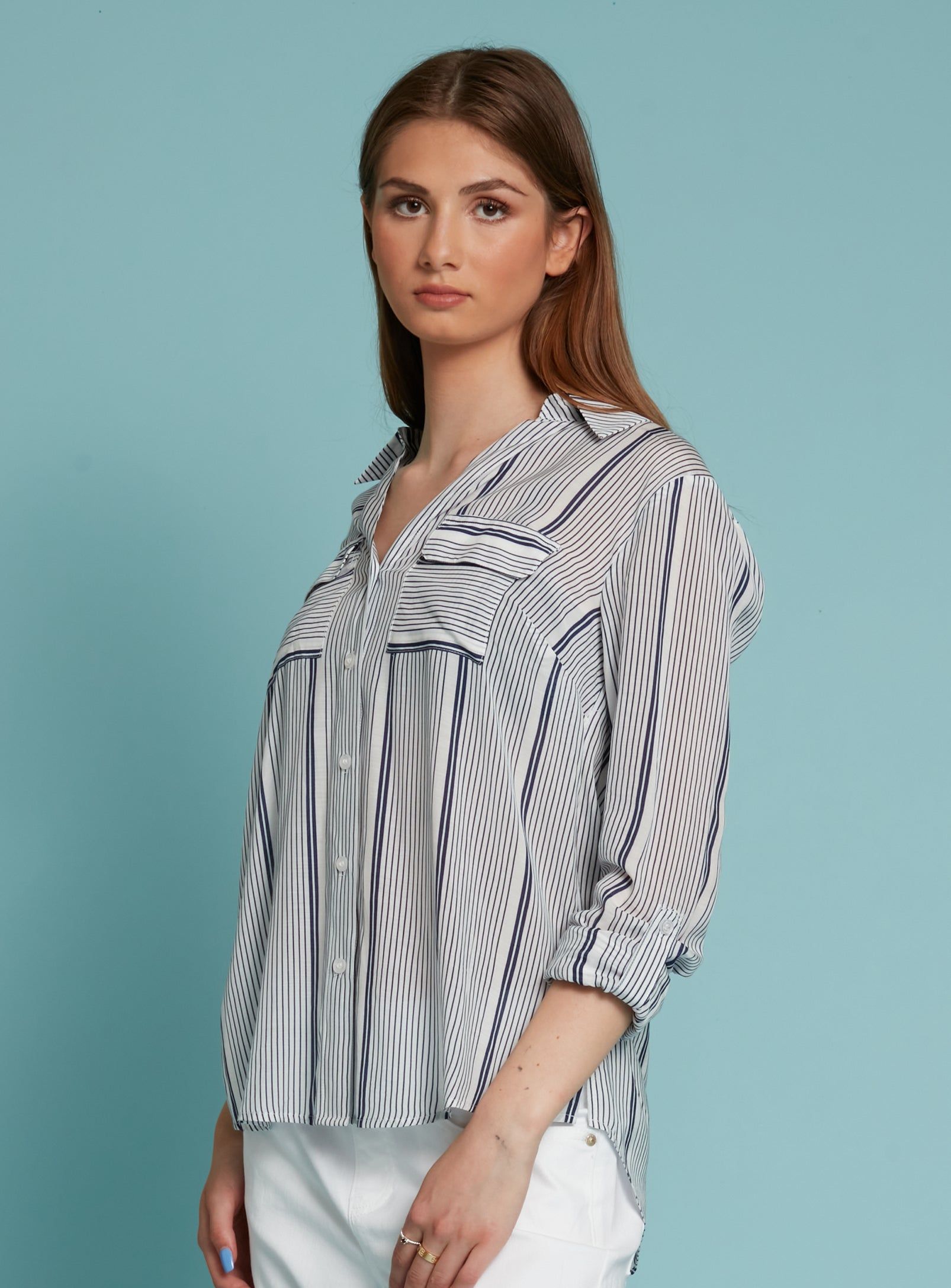 PILA | Striped button front blouse ||PILA | Blouse boutonnée à rayures sold by Point Zero