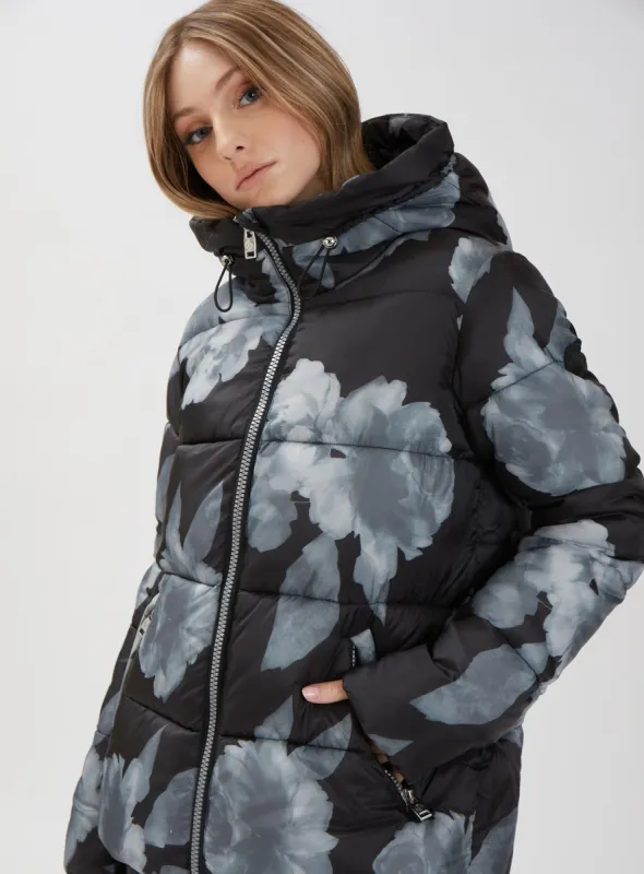 ANGELICA | Zip front floral hooded puffer jacket || ANGELICA |  Doudoune à capuche fleurie zippée sur le devant sold by Point Zero