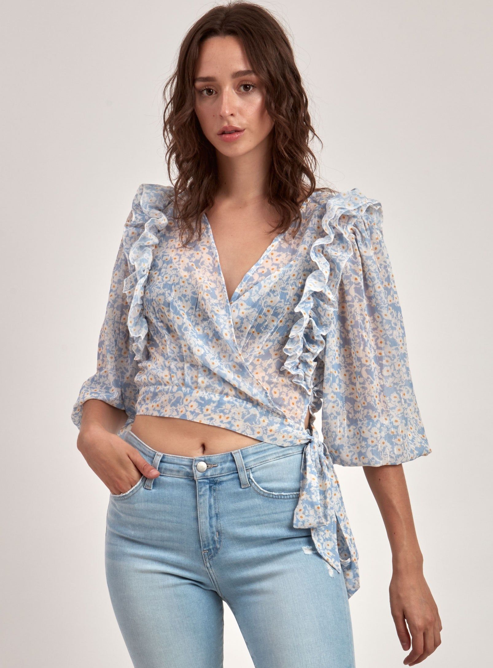 RUFFLE BLOUSE-DENIMBLUE sold by Point Zero