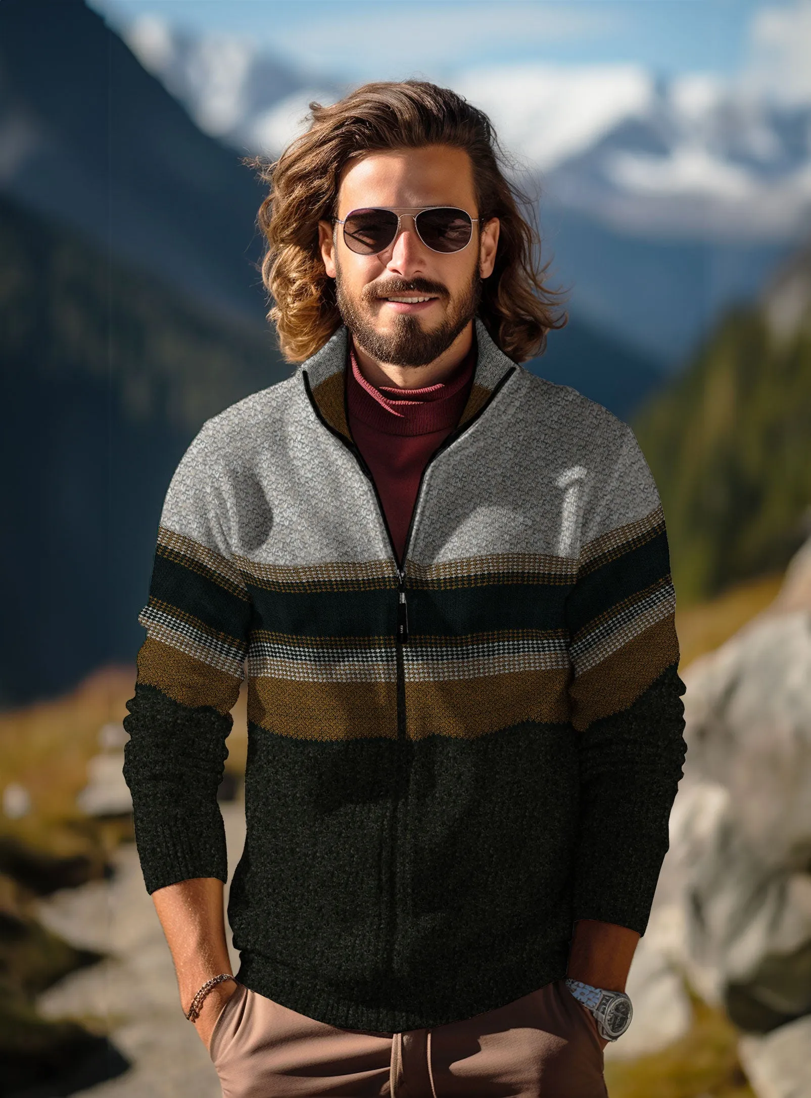 CALEB | Bonded Micro Fleece Mock Collar Zip Cardigan || CALEB | Chandail à rayures zippé – Tricot doublé avec col montant sold by Point Zero