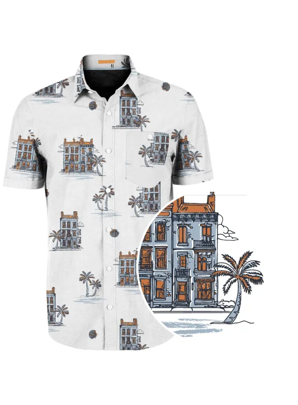 TREY | Stretch Printed Palm Tree Shirt|| TREY | Chemise Imprimée Palmiers En Stretch sold by Point Zero