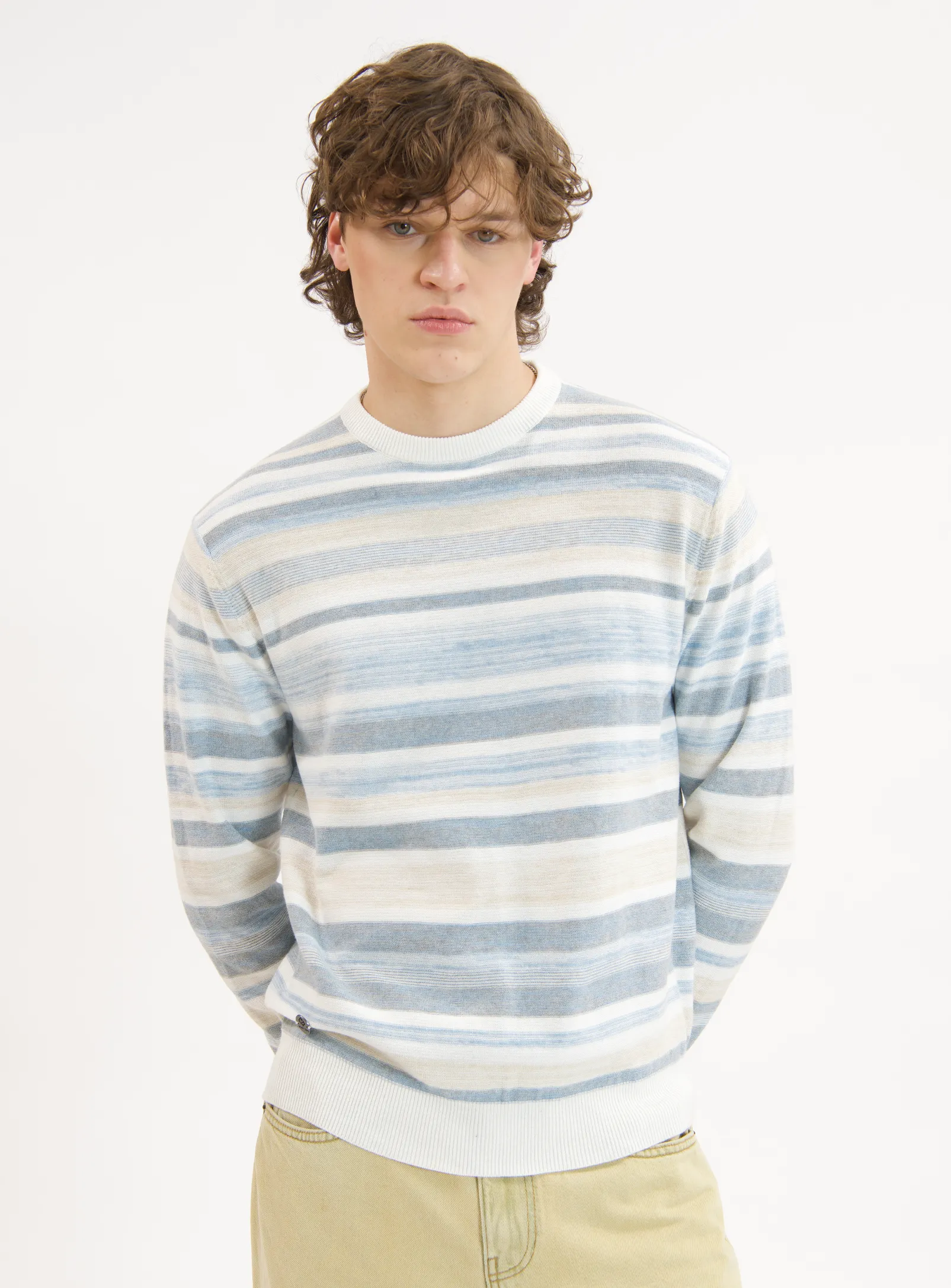 OREN | Cotton Crewneck Stripe Long-Sleeve Sweater|| OREN | Pull En Coton À Col Rond Et Rayures À Manches Longues sold by Point Zero