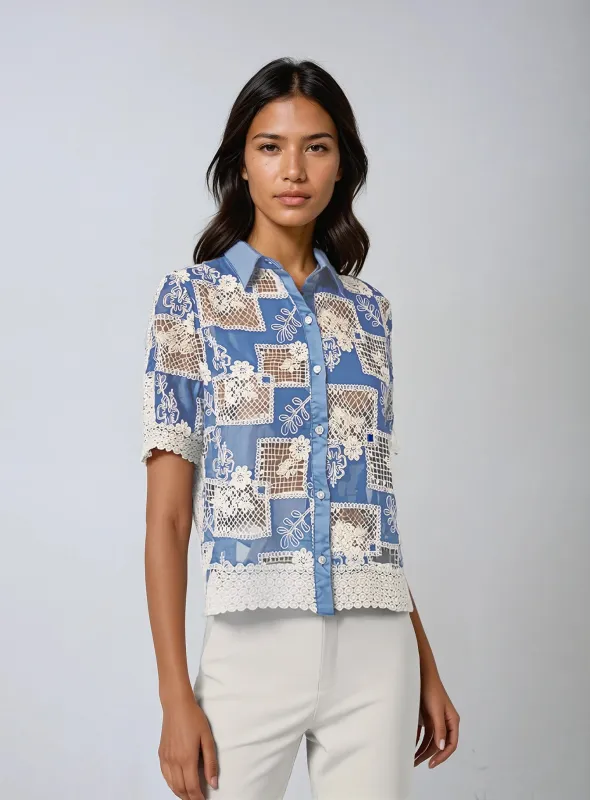 ALICE | Patchwork Floral And Lace Motif Short-Sleeve Blouse || ALICE | Blouse À Manches Courtes Avec Imprimé Patchwork Fleuri Et Motifs En Dentelle sold by Point Zero