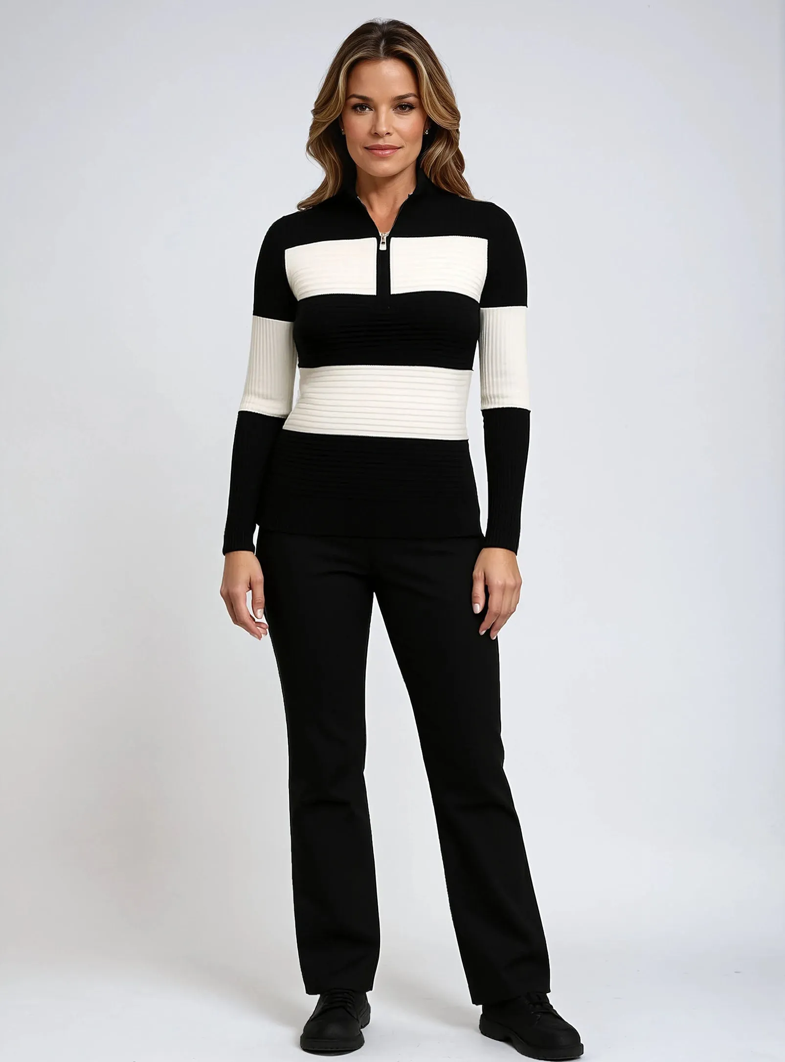ZARIA | Zip-Neck Round-Hem Striped Sweater || ZARIA | Chandail rayé à demi-glissière, ourlet arrondi et détails boutonnés sold by Point Zero product image thumbnail 2