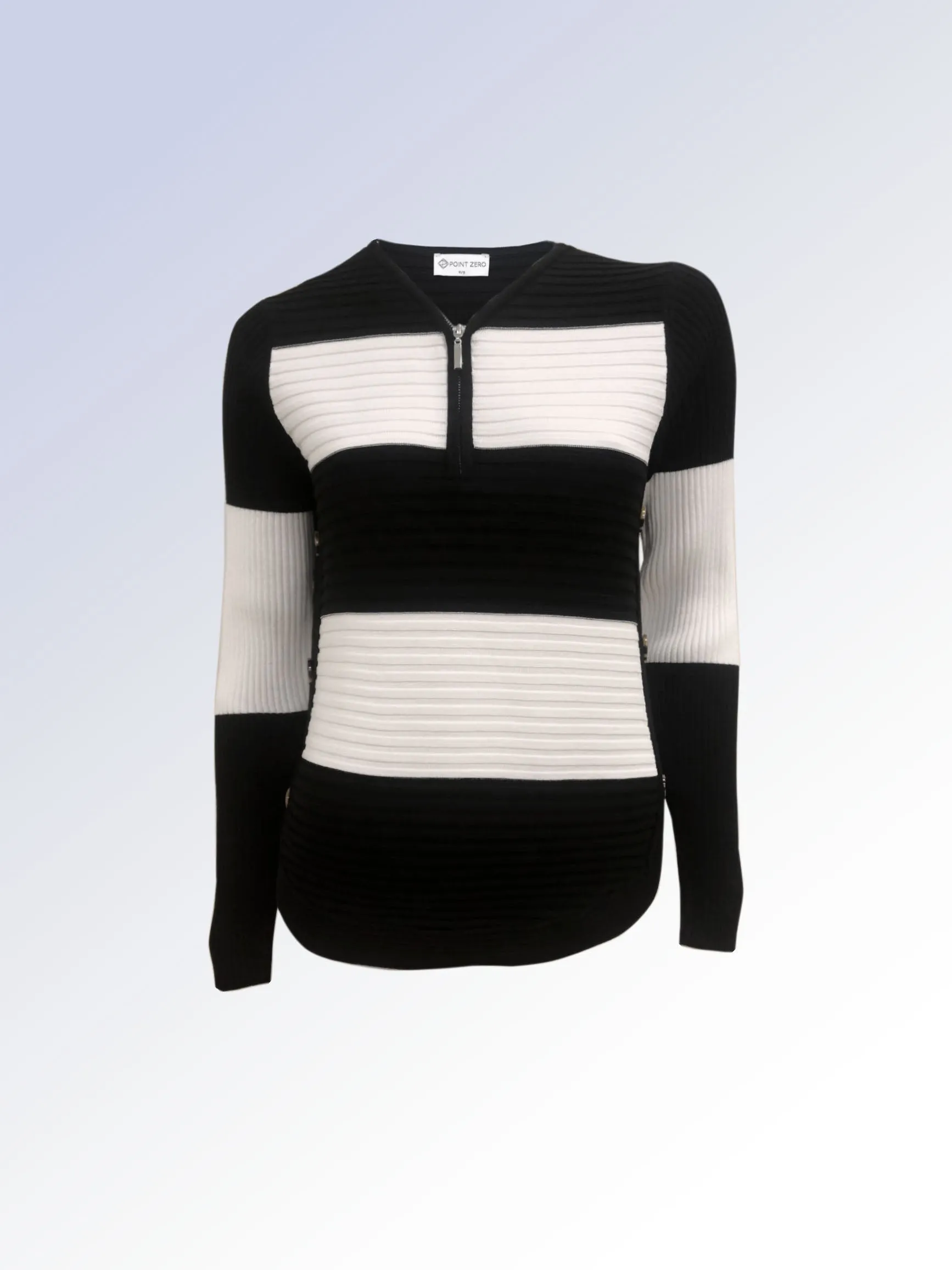 ZARIA | Zip-Neck Round-Hem Striped Sweater || ZARIA | Chandail rayé à demi-glissière, ourlet arrondi et détails boutonnés sold by Point Zero product image thumbnail 4