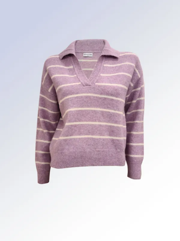 THEA | Collared V-Neck Long Sleeve Striped Sweater|| THEA | Pull Rayé Manches Longues à Col en V sold by Point Zero