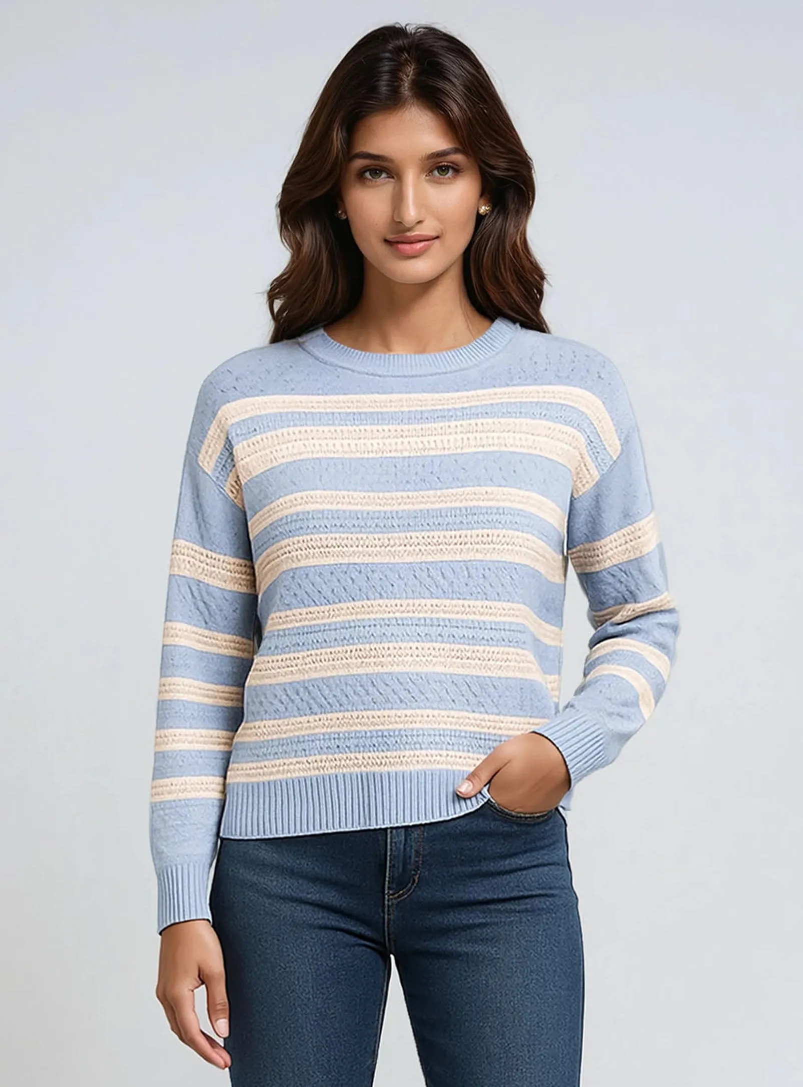 IRIS | Long Sleeve Crew Neck Striped Sweater||IRIS | Pull Rayé à Manches Longues et Col Rond sold by Point Zero product image thumbnail 2