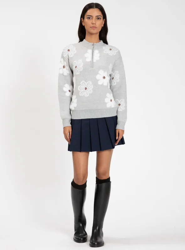 LEANE | Mock-Neck Half-Zip Jacquard Floral Sweater || LEANE | Chandail fleuri à col montant demi-glissière sold by Point Zero