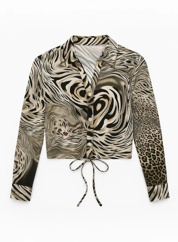 SORAH | Long-Sleeve Printed Satin Shirt with Front Tie || SORAH | Chemise imprimée en satin à manches longues avec lien devant sold by Point Zero