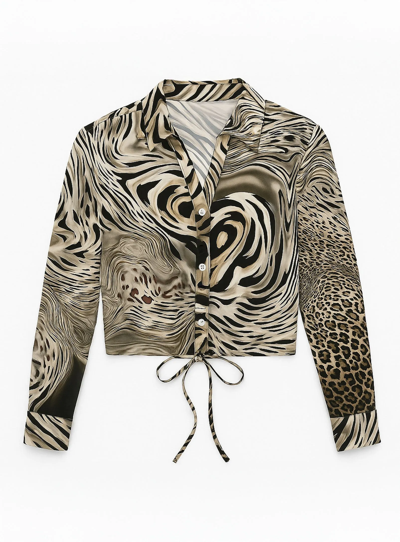 SORAH | Long-Sleeve Printed Satin Shirt with Front Tie || SORAH | Chemise imprimée en satin à manches longues avec lien devant sold by Point Zero