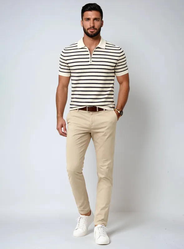 DAVID | Semi-fit textured horizontal stripe cotton polo with zipper || DAVID | Polo en coton texturé à rayures horizontales avec fermeture zippée sold by Point Zero