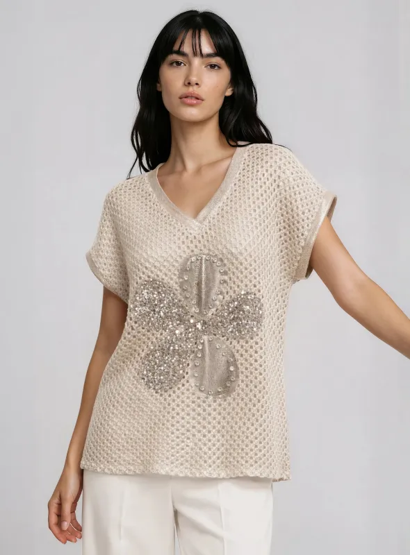 ALYA | Mesh Knit Top with Sequin Flower Detail || ALYA | Haut en maille filet avec fleur à sequins sold by Point Zero