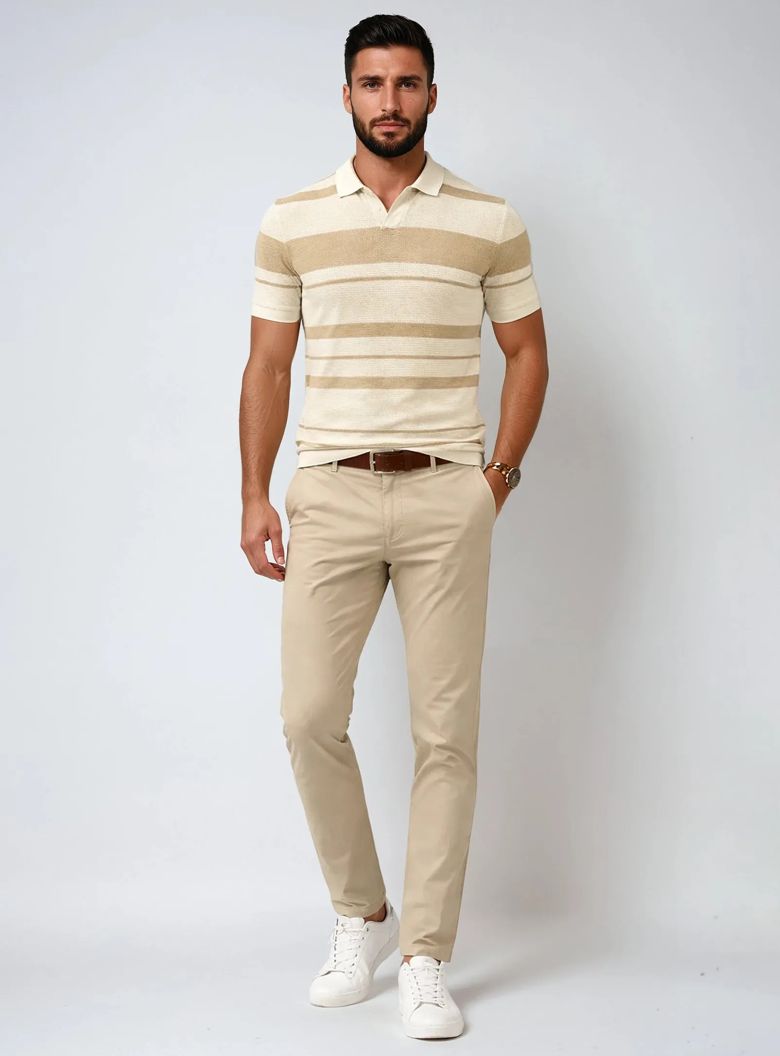 ADAM | Semi-fit textured knit cotton polo with horizontal stripe || ADAM | Polo en coton texturé à rayures horizontales sold by Point Zero product image thumbnail 3