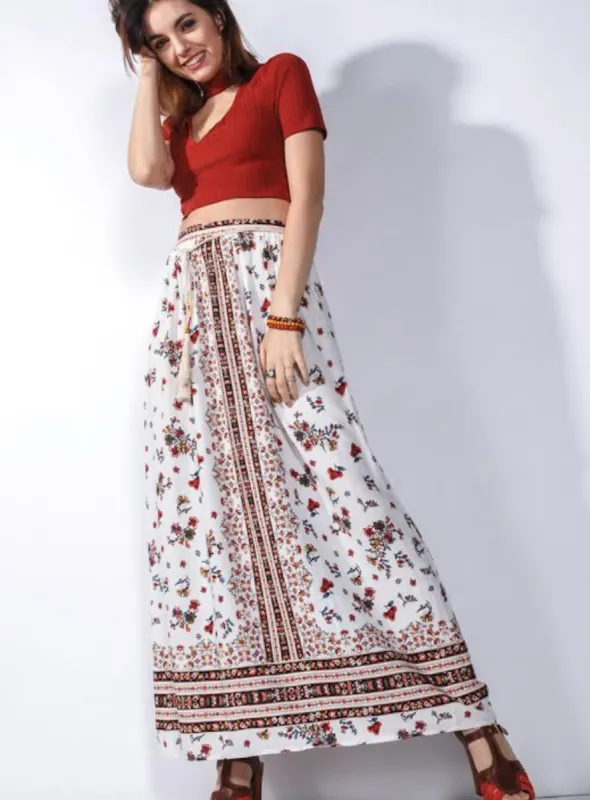 MARGO | Printed Maxi Skirt W/Cord Tie At Wasit  || Margo | Jupe longue imprimée avec cordon de serrage à Wasit sold by Point Zero