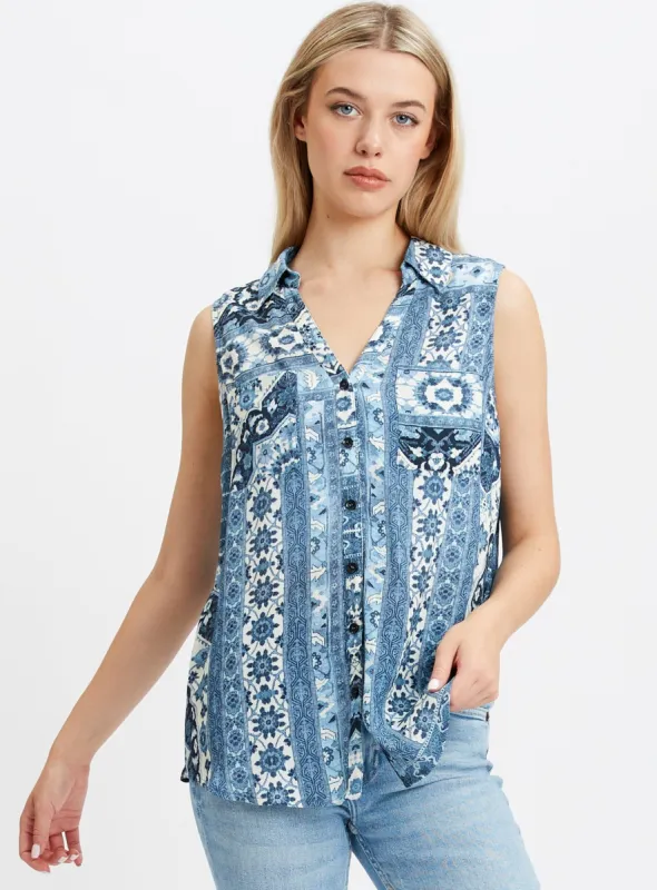 SARA | Printed sleeveless blouse || SARA|  Blouse sans manches imprimée sold by Point Zero