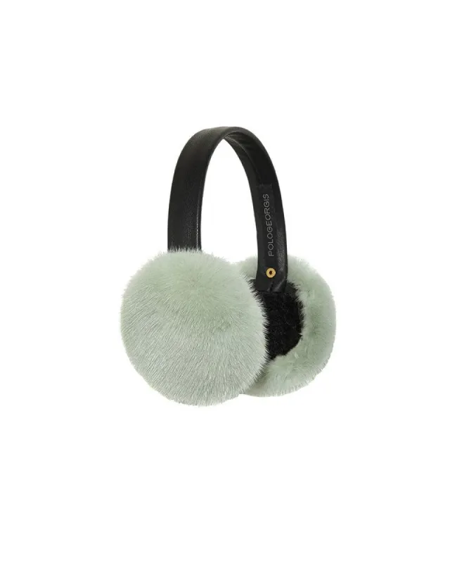 The Moonage Daydream Mink Earmuffs with Leather Band in Green sold by Pologeorgis
