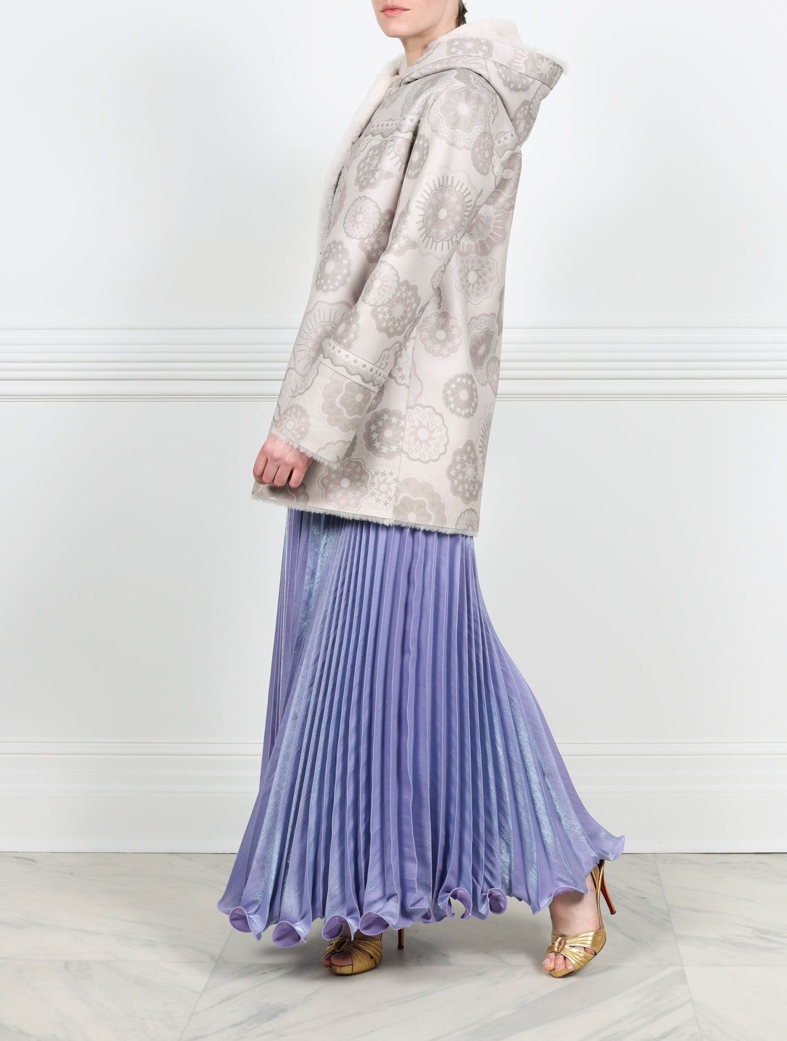 Fantastic Flowers Printed Hooded Reversible Shearling Coat Designed by Zandra Rhodes sold by Pologeorgis