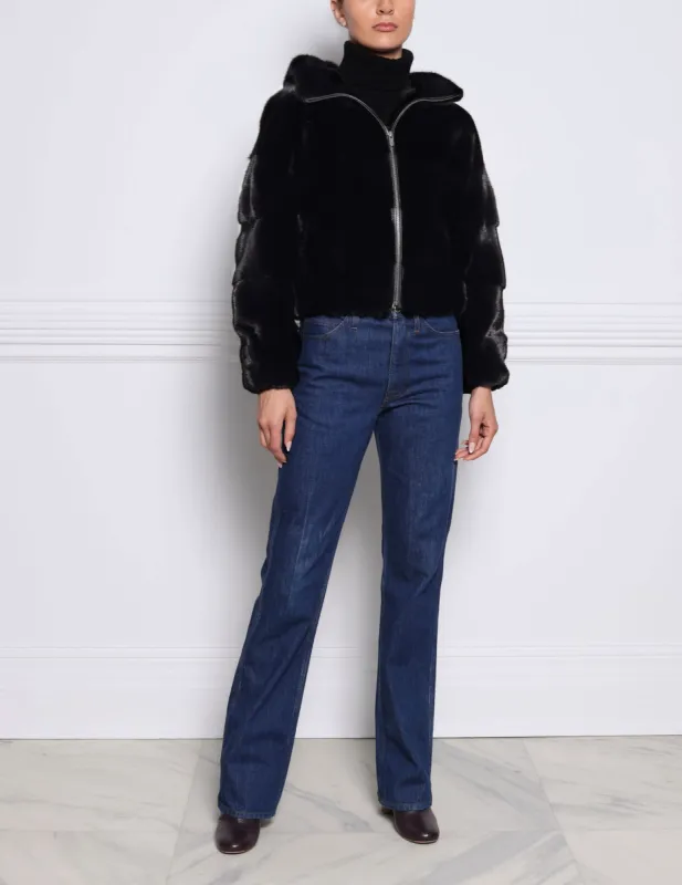 The Delilah Hooded Mink Bomber Jacket sold by Pologeorgis