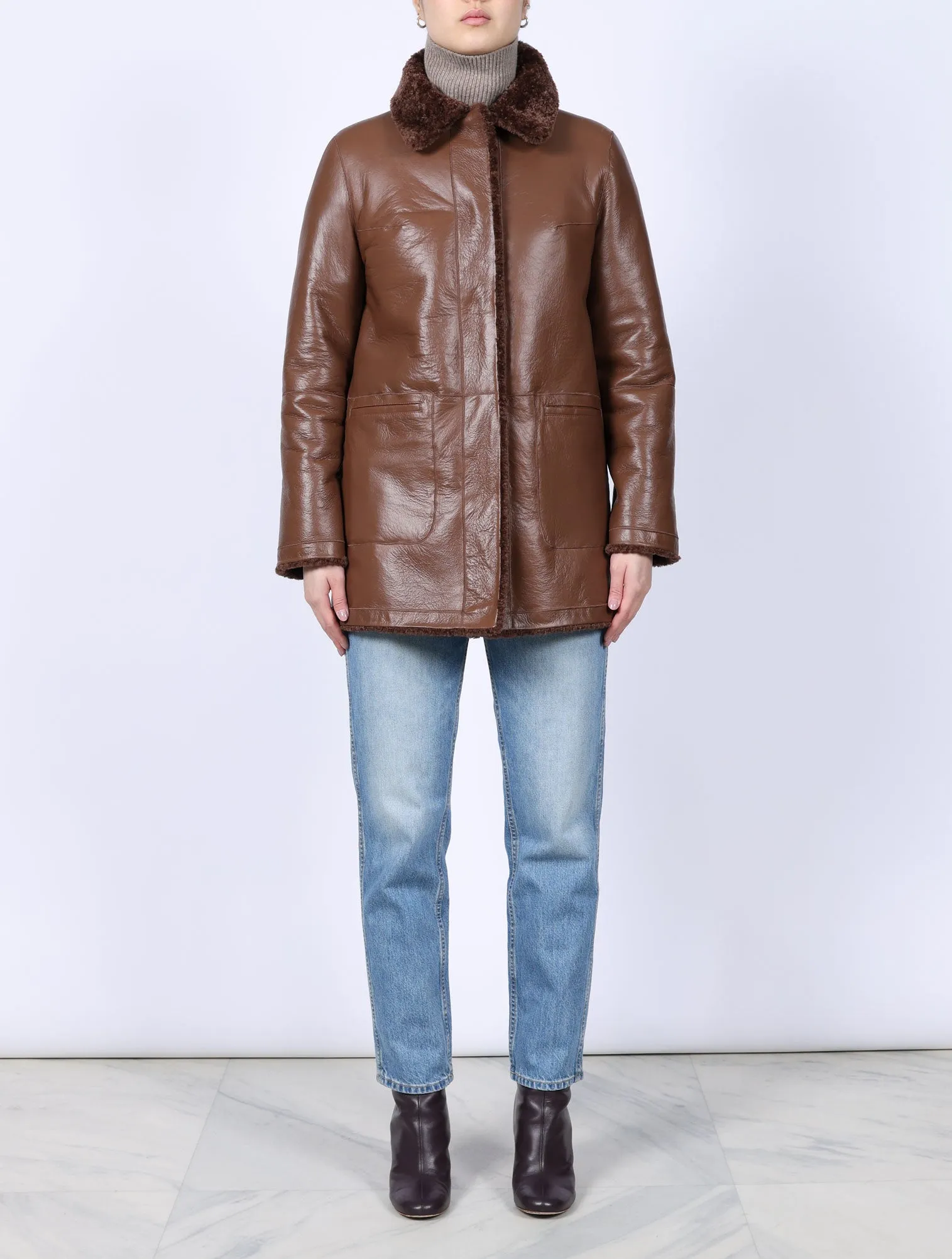 The Stasia Reversible Patent Shearling Jacket in Olive sold by Pologeorgis product image thumbnail 4