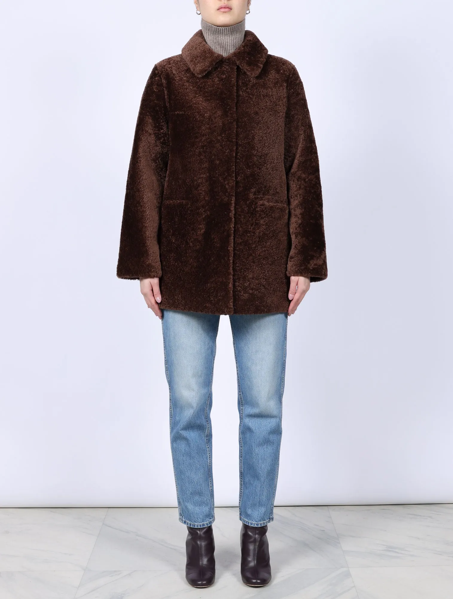 The Stasia Reversible Patent Shearling Jacket in Olive sold by Pologeorgis product image thumbnail 2