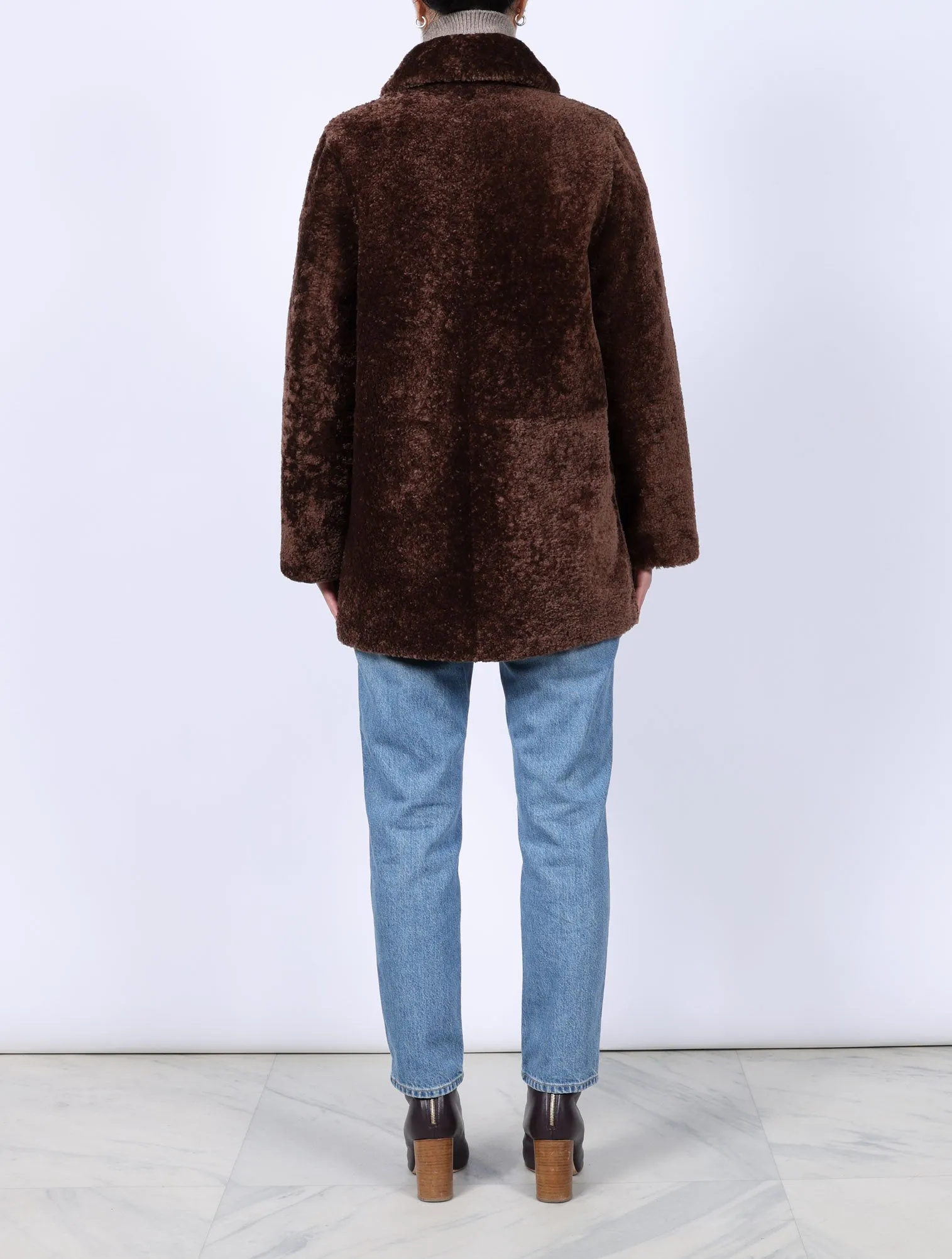 The Stasia Reversible Patent Shearling Jacket in Olive sold by Pologeorgis product image thumbnail 3