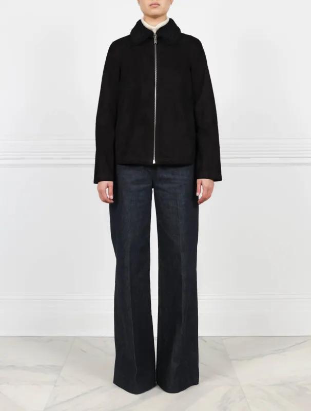 The Laylani Suede Jacket with Shearling Collar in Black sold by Pologeorgis