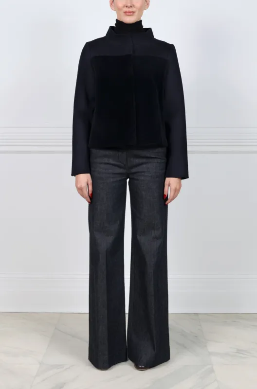 Shearling & Wool Stand Collar Jacket in Navy sold by Pologeorgis