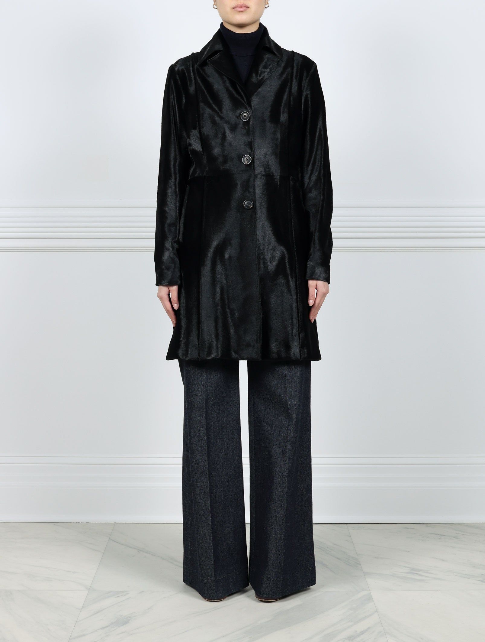 Black Calf Notch Collar Coat sold by Pologeorgis