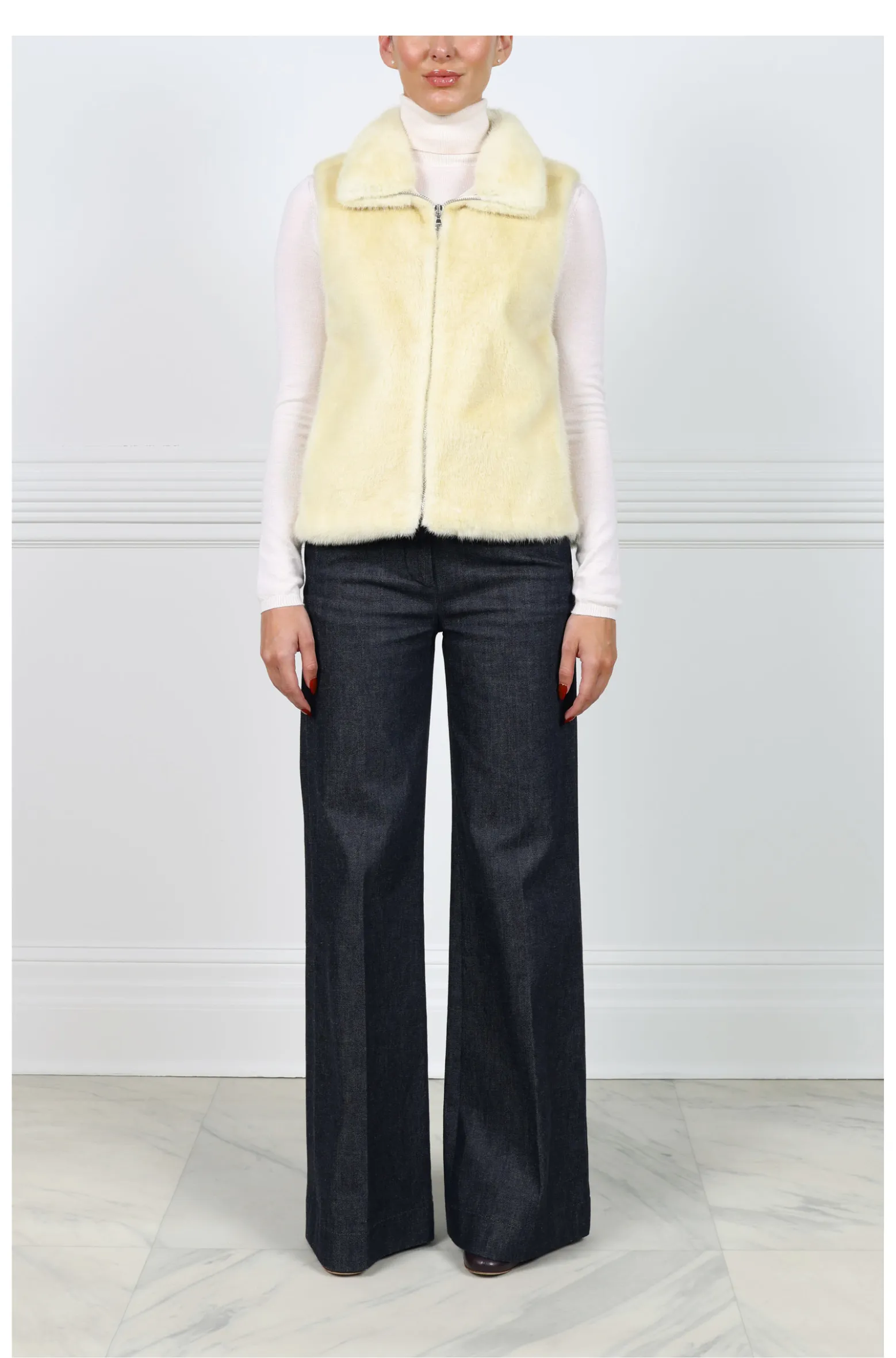 Zip Front Mink Vest in Pale Yellow sold by Pologeorgis