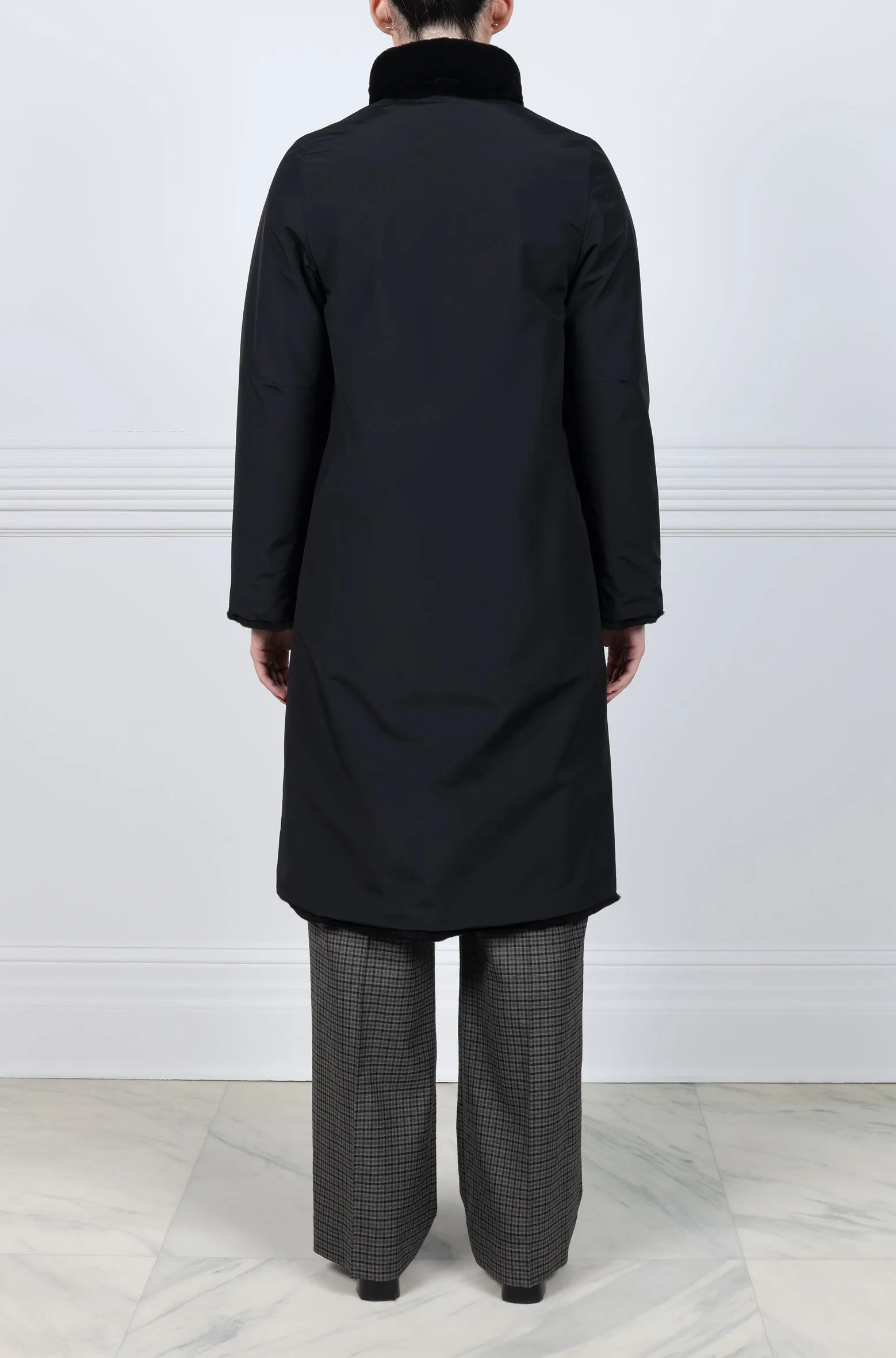 Reversible Horizontal Sheared Mink Belted Stand Collar Stormcoat in Black sold by Pologeorgis product image thumbnail 4