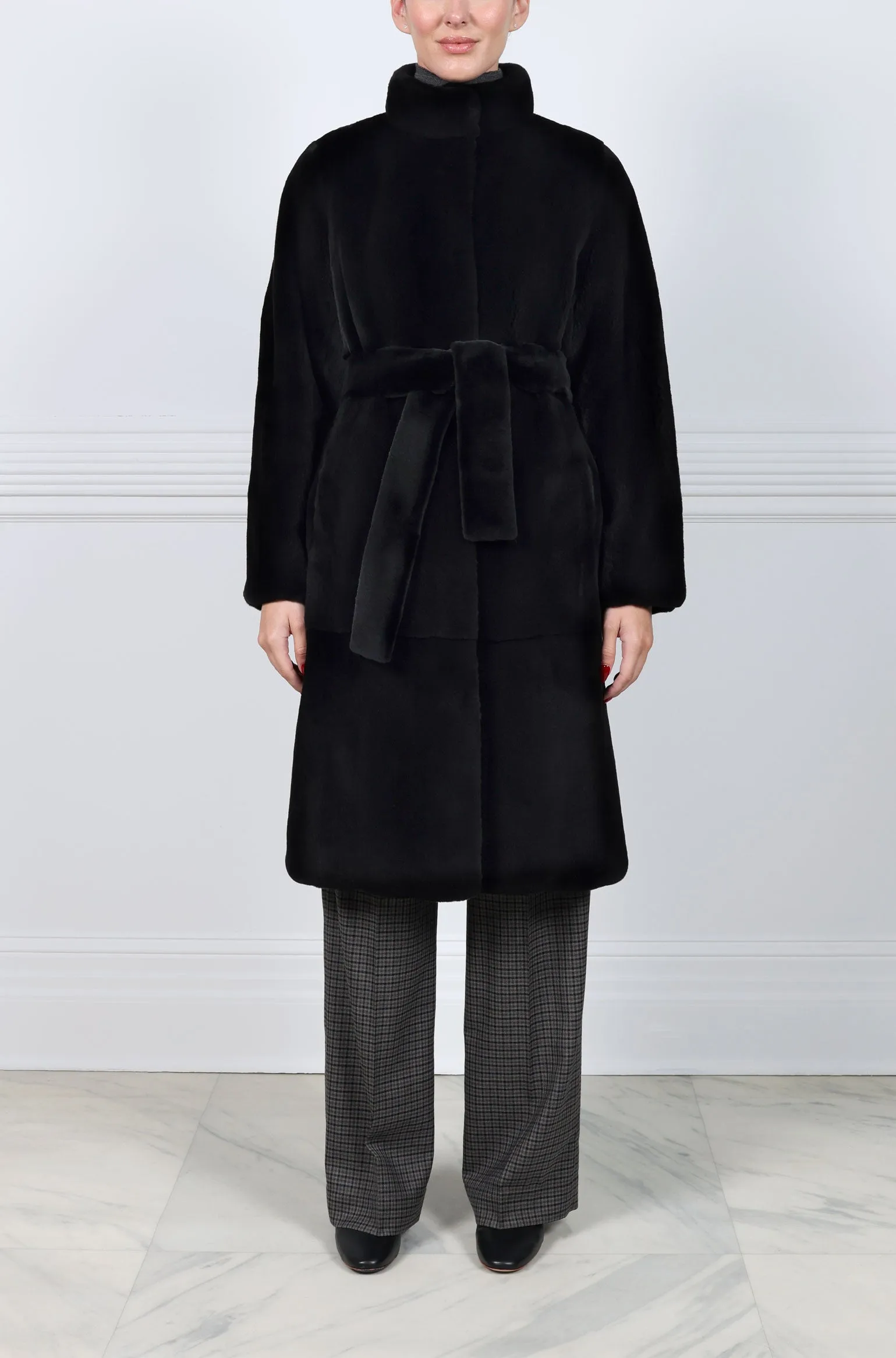 Reversible Horizontal Sheared Mink Belted Stand Collar Stormcoat in Black sold by Pologeorgis