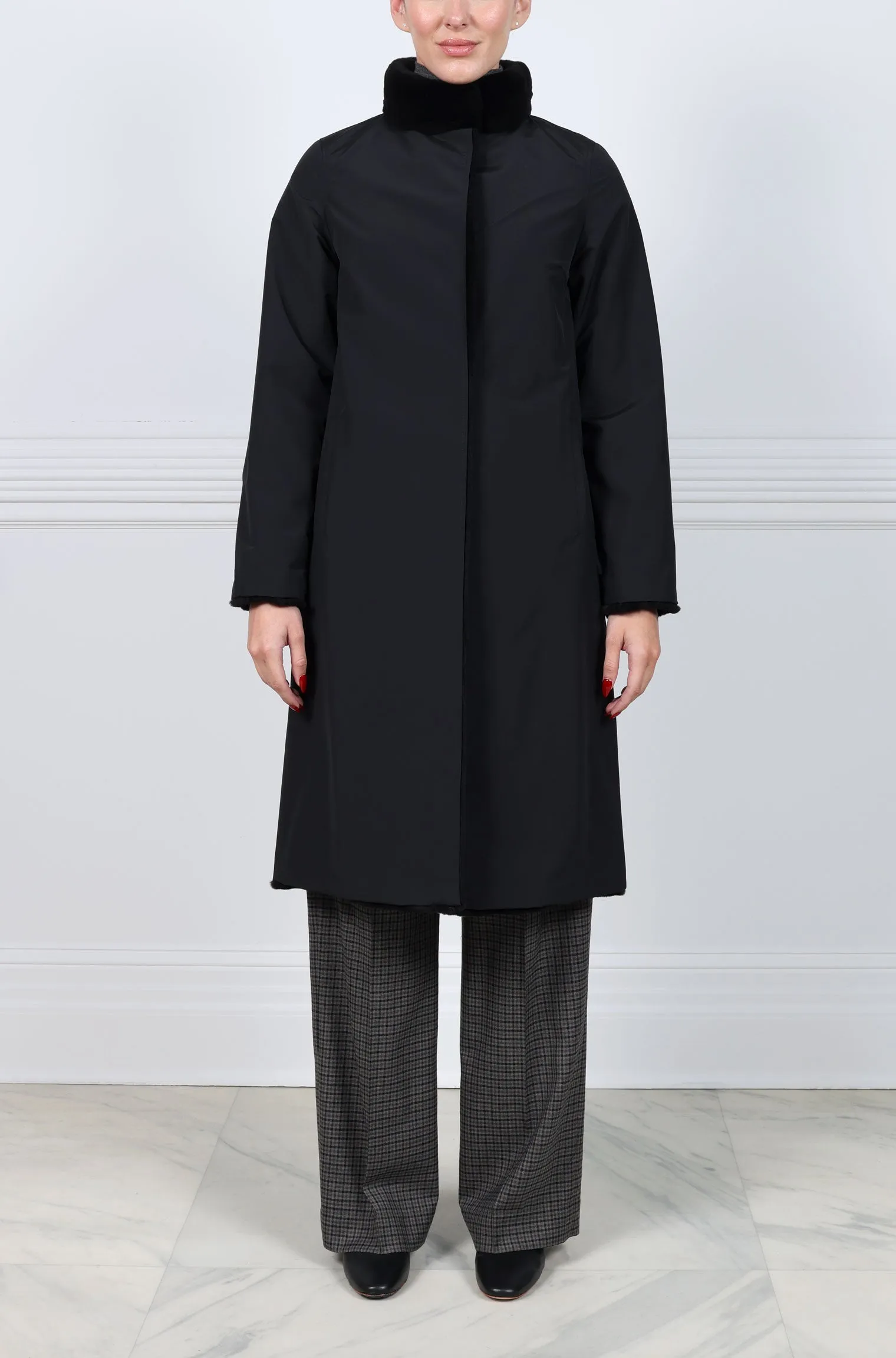 Reversible Horizontal Sheared Mink Belted Stand Collar Stormcoat in Black sold by Pologeorgis product image thumbnail 3